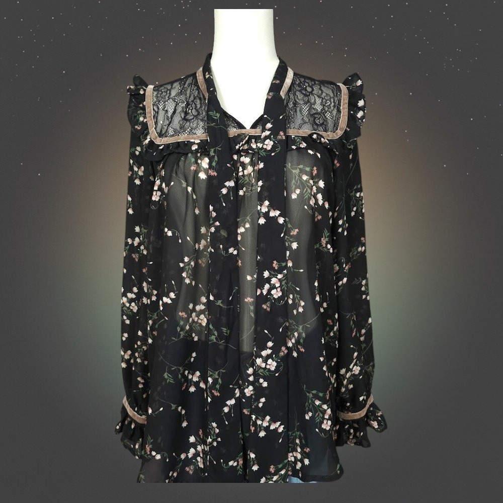 Romantic Sheer Floral Lace Blouse S Black Ruffle Tie Neck Cottage Boho